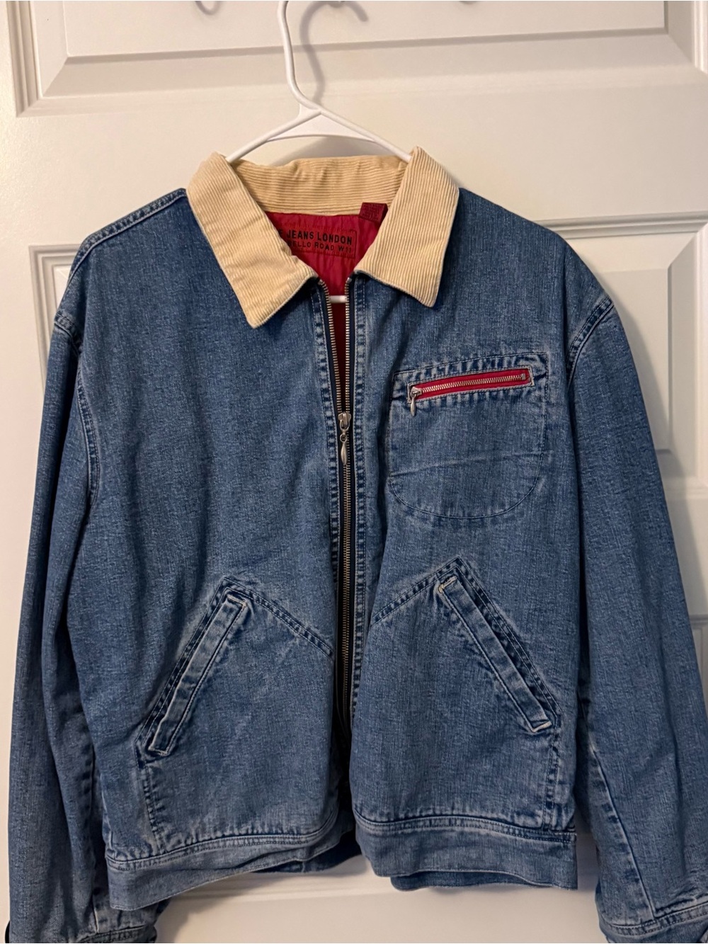 Pepe Jeans Blue Denim Jacket with Cream Corduroy Collar and Red Zip Accent